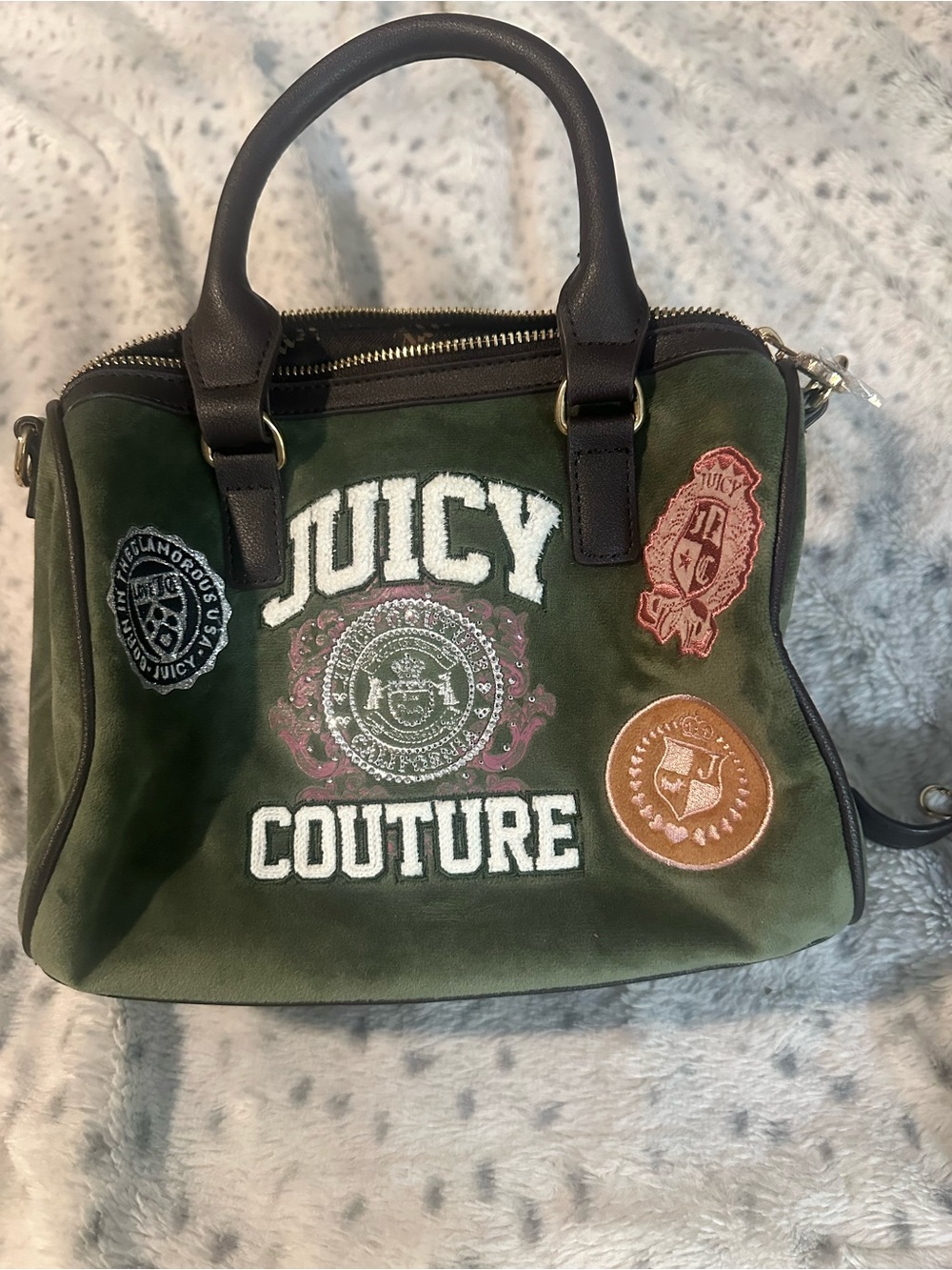 NWOT Juicy Couture Olive Green Patchwork Logo Satchel with Brown Handles